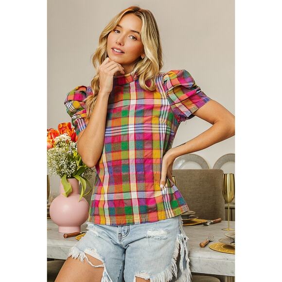 BiBi Short Puff Sleeve Washed Vintage Plaid Top Size XL - Picture 1 of 7